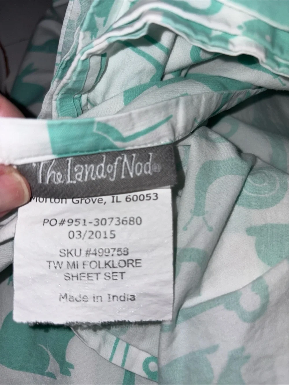 The Land of Nod Mint Green Animal & Key Print Cotton Sheet